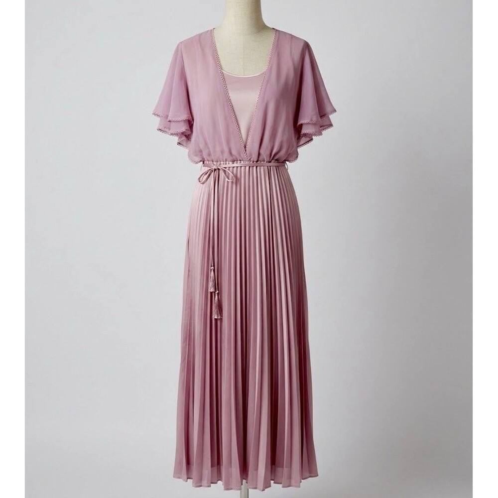 Vintage Coquette 70s Pink Chiffon Maxi Dress Accordion Pleat Flutter Sleeve 16